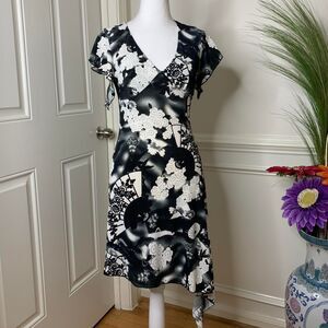 Y2K Kona pattern inspired asymmetrical black and white midi dress